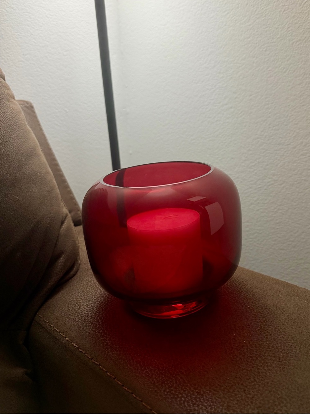 CB2 Coco Red Hurricane Glass Candle Holder with a Candle